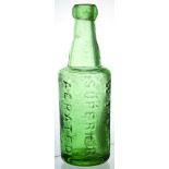 YAR-MOUTH GLASS GINGER BEER BOTTLE. 9ins tall, aqua glass bottle with stepped neck, vertically