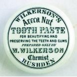 RUSHDEN TOOTHPASTE POT LID. 2.75ins diam, WILKERSONS/ ARECA NUT/ TOOTHPASTE/ PREPARED ONLY BY/ W.