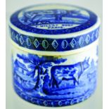 PARIS BEEF MARROW POT LID & BASE. 2.75ins diam, strong blue transfer, large cow pictorial to top