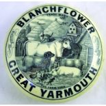 BLANCHFLOWER POT LID. 4ins diam, detailed pictorial farmyard scene featuring bull, cow, sheep, pig &