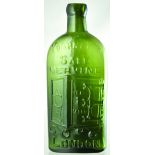 WARNERS SAFE CURE BOTTLE. 9.25ins tall, bright olive green glass embossed WARNERS/ SAFE/ NERVINE/