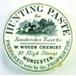 HUNTING PASTE POT LID. 3.25ins diam, HUNTING PASTE/ FOR SANDWICHES TOAST & C/ W. WOODS CHEMIST/ 27