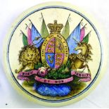 ROYAL COAT OF ARMS (KM 173). Multicoloured pot lid 4.25ins diam, maker unknown lion & unicorn &