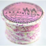 ATKINSON ORIENTAL TOOTHPASTE POT LID & BASE. 3.25ins diam, black transfer on pink marbled background