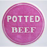 POTTED BEEF. 4ins diam, strikingly simple large pot lid with white lettering set upon a bright &