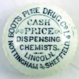 BOOTS CHEMISTS BUTTON LID. 1.75ins diam, white glaze, black transfer BOOTS PURE DRUG CO LD CASH/