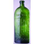 WARNERS SAFE CURE BOTTLE. 9.25ins tall, bright green glass embossed WARNERS/ SAFE CURE/ LONDON