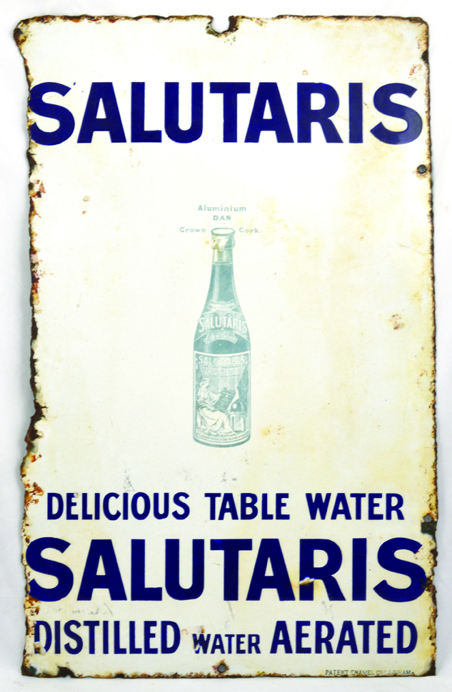 SALUTARIS ENAMEL SIGN. 21 by 13ins, SALUTARIS/ DELICIOUS TABLE WATER/ SALUTARIS DISTILLED WATER