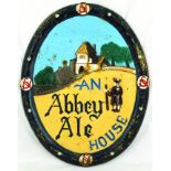 SHEPHERD NEAME ABBEY ALE HOUSE CAST METAL SIGN. 15ins tall, multi-coloured painted, cast metal AN/