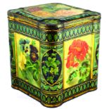 KEENS MUSTARD TIN. 8 x 7ins square, multi-coloured floral decoration. Genuine paper label to