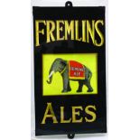 FREMLINS ALES GLASS ON SLATE SIGN. 23 x 13ins, glass on slate with two hanging fixtures top &
