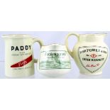 TRIO OF MINIATURE WATER JUGS. Tallest 3.5ins, off white, handled jugs. For, John Power,