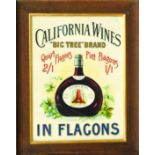 CALIFORNIA WINES FRAMED SHOWCARD. 24.5 x 19.5ins, promoting CALIFORNIA WINES/ BIG TREE BRAND/ IN