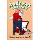ANDREWS LIVER SALT GLASS ADVERT. 35 x 23.5ins, multicoloured image of gent sratching his head,