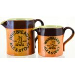 WHITBREADS PUB JUG DUO. Tallest 4.25ins tall, t.t. handled jugs for WHITBREADS/ ALE & STOUT, trade