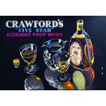 CRAWFORDS WHISKY SHOWCARD. 17 x 12ins, all over black coloured advert with pictorial images,