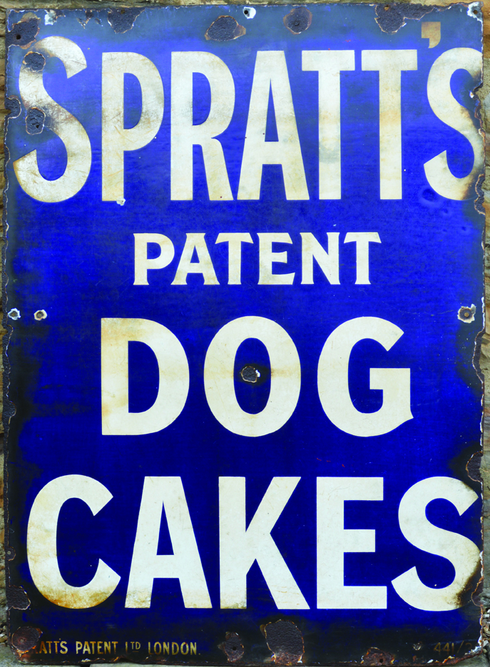 SPRATTS ENAMEL SIGN. 40 x 28.75ins, large enamel sign for SPRATT/ PATENT/ DOG/ CAKES in white