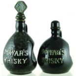 PAIR OF DEWARS WHIKSY FLAGONS. Tallest 10ins to top of stopper, rear handles, very dark green in