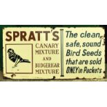 SPRATTS ENAMEL SIGN. Cream coloured enamel for SPRATTS/ CANARY/ MIXTURE/ AND/ BUDGERIGAR/