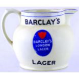 BARCLAYS PUB JUG. 4.25ins tall, off white glaze, pale blue trim, handled jug for BARCLAYS/ LAGER
