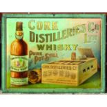 CORK DISTILLERS TIN SIGN. 16.5 x 11.5ins tall, pressed tin sign, pictorial images bottle of whisky &