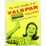 VALSPAR EMULSION TIN ON CARD ADVERT. 17 x 13ins, 60s stand up advert, image of lady holding emulsion