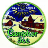 CAMPHOR ICE TIN. 2ins diam, circular tin English winter scene pict. Blue Cross t.m. Camphor/ Ice