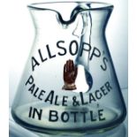 ALLSOPPS GLASS PUB JUG. 5ins tall, clear glass jug, hand applied handle. White enamelled letters