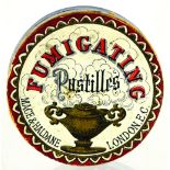 LONDON PASTILLES CONTAINER. 2.5ins diam, elaborate pict. cardboard container for FUMIGATING/