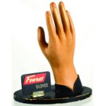 FOWNES GLOVES SHOP DISPLAY. 9.5ins tall, life like rubberoid hand on black wooden plinth, Fownes/
