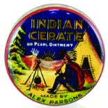 MANCHESTER OINTMENT TIN. 2ins diam, strong multicoloured lid with native pict. image for INDIAN/