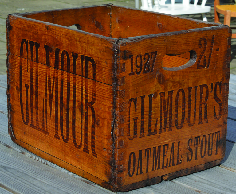 GILMOURS 1927 DATED WOODEN CRATE. 16.25 x 12ins, brewers crate for GILMOURS/ OATMEAL STOUT.