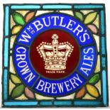 BUTLERS CROWN BREWERY LEADED STAINED GLASS PANEL. 13.6ins square, WM BUTLERS CROWN BREWERY ALES with