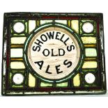 STOWELLS OLD ALES LEADED STANED GLASS PANEL. 16.7 by 13.7ins, STOWELLS/ OLD ALES to centre. Bulls