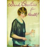 OVALTINE SHOWCARD. 21.25 x 15.75ins, framed advert with pictorial image of 1930â€™s lady preparing a