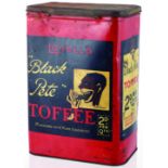 LOVELLS/ Black/ Pete/ TOFFEE tin. 9.75 x 4.25 x 6.6ins. Red, black & white colours with wide