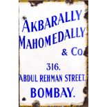 BOMBAY ENAMEL SIGN. 36 x 23.5ins, large enamel sign for AKBARALLY/ MAHOMEDALLY/ & CO/ 316/ ABDUL