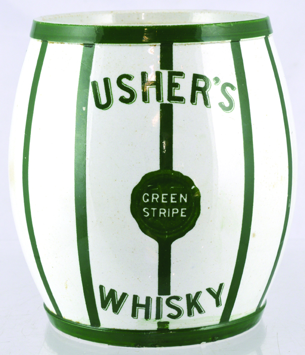 USHERS WHISKY BARREL. 5.5ins tall, white glaze, with green stripes all round, USHERS/ WHISKY in - Image 3 of 4