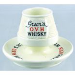 GREERS O.V.H WHISKY MATCHSTRIKER. 3.5ins tall, 4ins diam, off white glaze, Greers/ O.V.H/ WHISKY