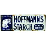 HOFFMANS STARCH ENAMEL SIGN. 14 x 5ins, double sided enamel for HOFFMANS STARCH SOLD/ HERE in blue
