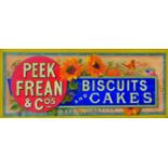 PEAK FREAN & COS FRAMED SHOWCARD. 10 x 21.5ins. Multicoloured floral & butterfleis image, with Greek