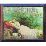 MUSK ROSE CIGARETTES SHOWCARD. 24.75 x 21ins, framed advert for SMOKE MUSK ROSE/ CIGARETTES/ SOLE