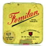 FEMILAN TABLETS TIN. 1.75ins square, sealed, cream coloured tin, FEMILAN in red lettering & makers