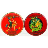 PAIR MACKINTOSHS TINS. 7ins diam, predominantley red coloured with pictorial images of Perriot &