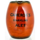 CAMERONS ALES PUB JUG. 6ins tall, variating brown glazed, handled jug for CAMERONS/ SPARKLING/