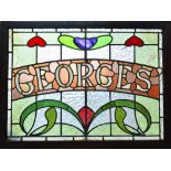 GEORGES ALES STAINED GLASS ADVERTS. Pair of stained glass hanging pub adverts, one 38 x 28ins,
