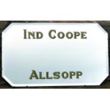 IND COOPE MIRROR. 27 x 14ins, 1930â€™s bevelled edged mirror for IND COOPE/ ALLSOPP in green &