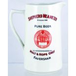 FAVERSHAM BEER JUG. 9ins tall, off white glaze SHEPHERD NEAME LTD/ ESTABLISHED 1698/ PURE BEER.../