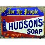 HUDSONS SOAP ENAMEL SIGN. 27 x 20ins, shapely enamel sign for FOR THE PEOPLE/ /HUDSONS/ SOAP/ IN