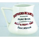 FAVERSHAM BEER JUG. 4.75ins tall, off white glaze, squat, wide based beer jug. SHEPHERD NEAME LTD/